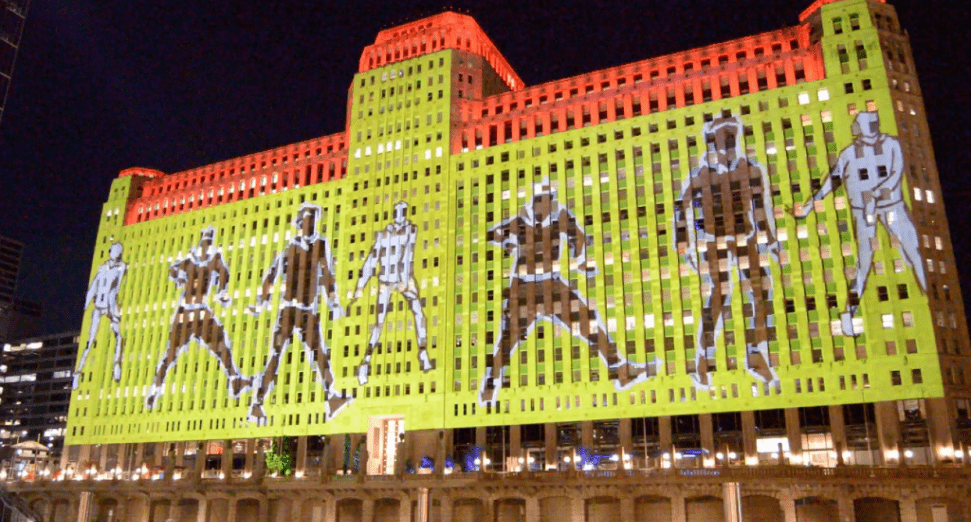 Footwork film projections displayed on Chicago’s iconic Merchandise Mart