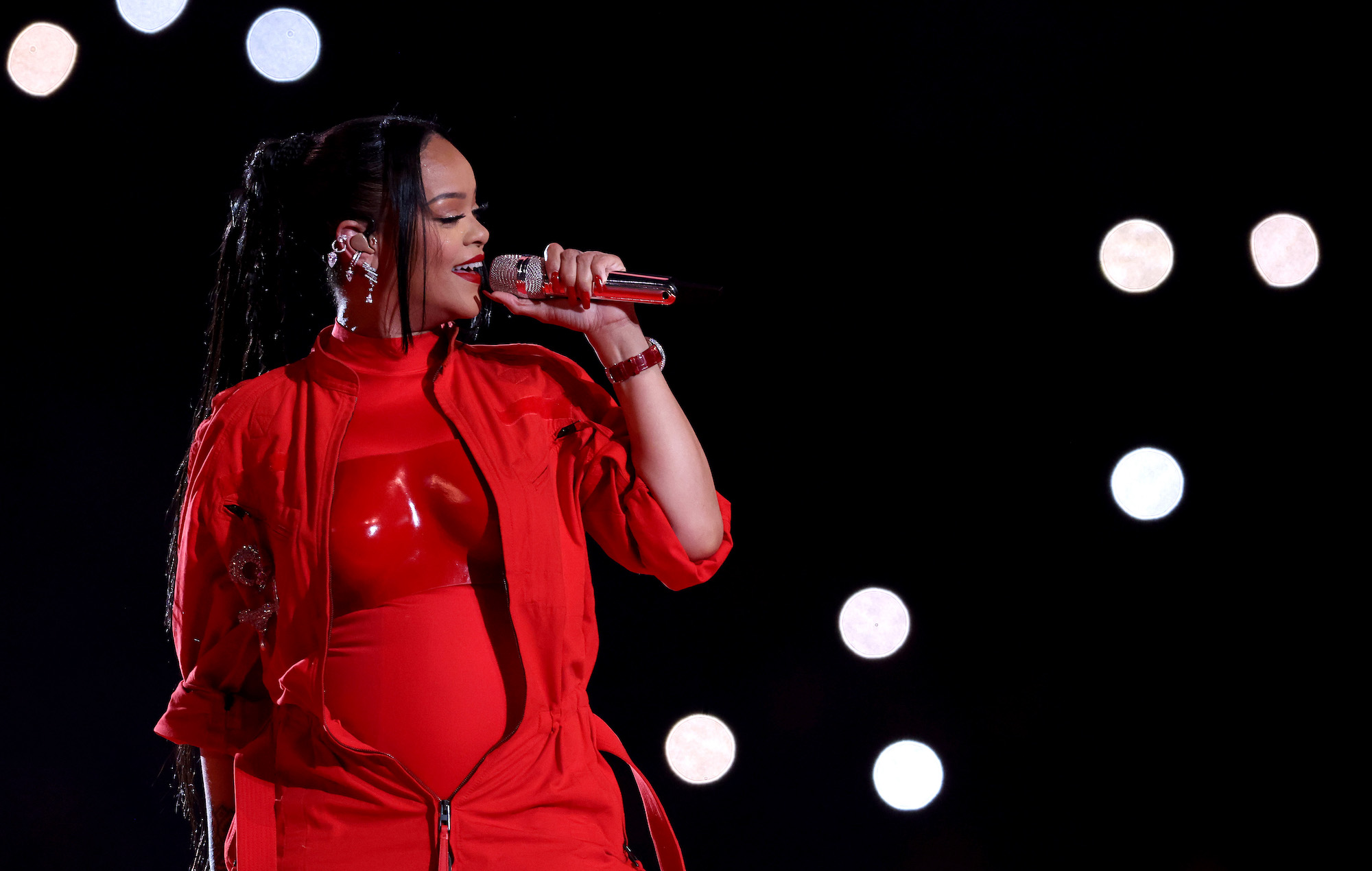 Rihanna performs live at the 2023 Super Bowl halftime show