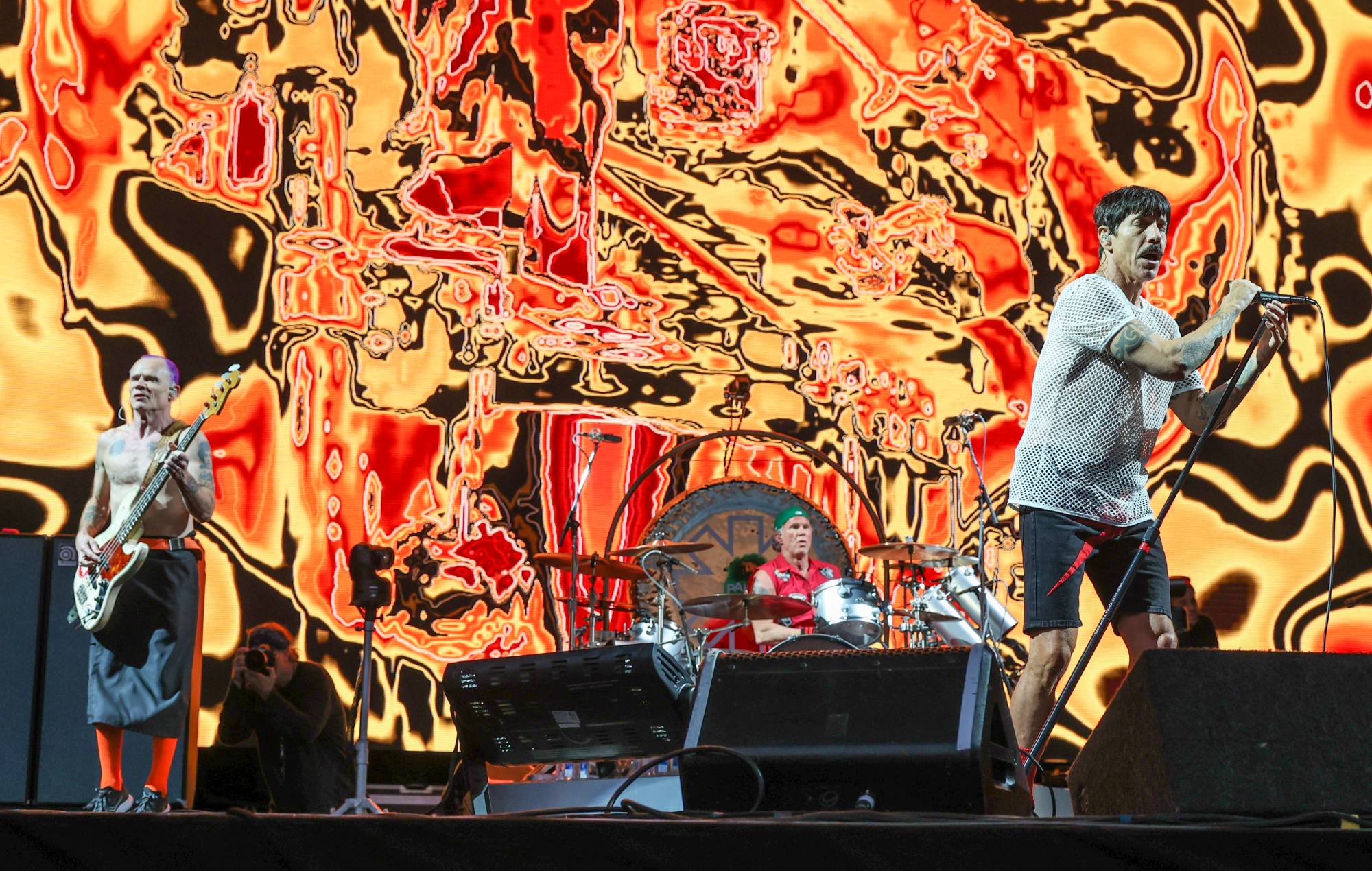 Flea, Chad Smith and Anthony Kiedis of Red Hot Chili Peppers perform at Mt Smart Stadium on January 21, 2023 in Auckland, New Zealand. Credit: Dave Simpson/GETTY