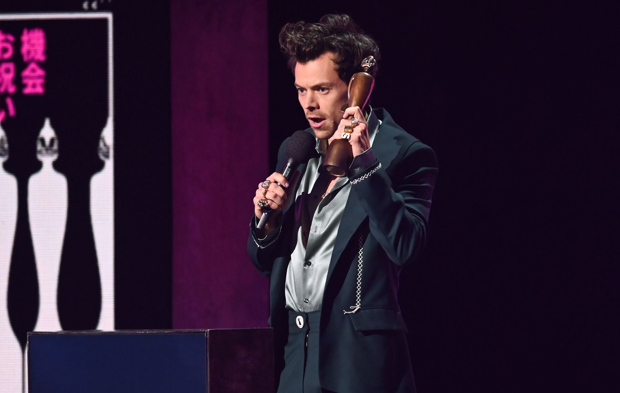 Harry Styles accepts the award for best British Pop/R&B Act on stage during The BRIT Awards 2023 at The O2 Arena on February 11, 2023 in London, England.