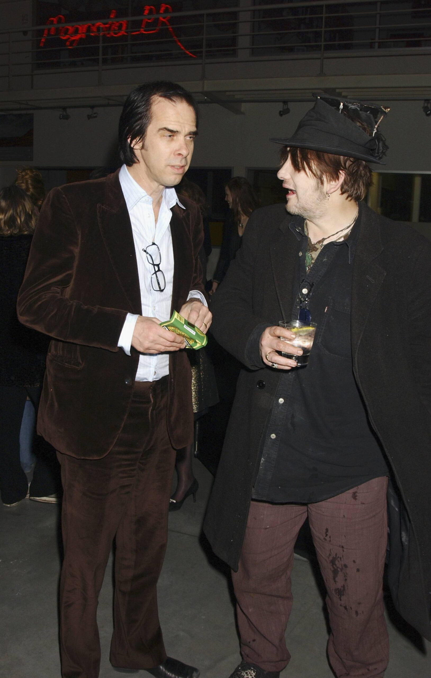 Musicians Nick Cave (L) and Shane MacGowan attend the party to launch the 